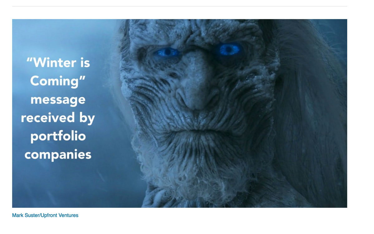 Upfront Ventures slide showing a Game of Thrones White Walker beside the words ‘Winter is Coming’ message received by portfolio companies